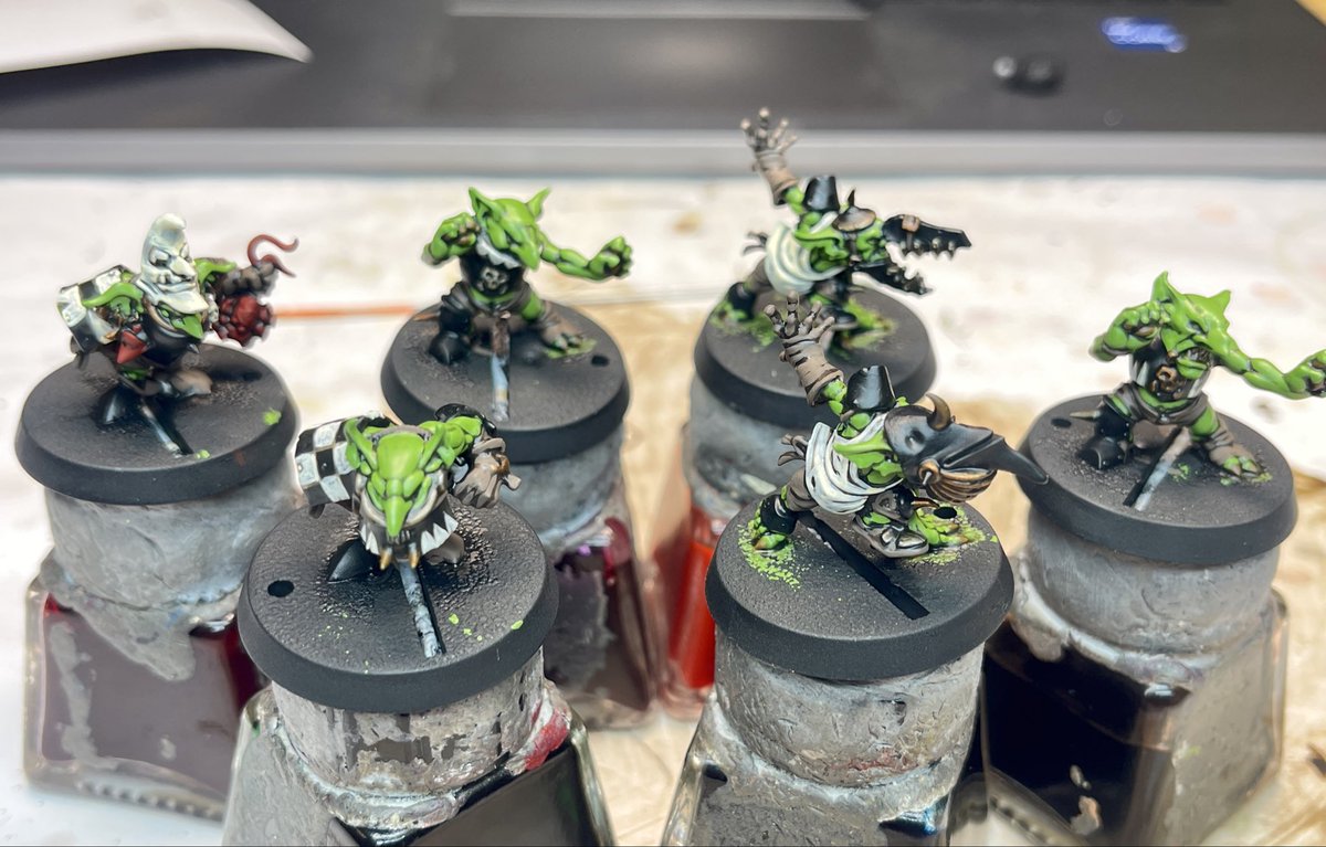 PaintsDb's tweet photo. #WIP shot of the next lot for #orctober ok I know they’re goblins but they are for the bloodbowl black orc team I’m painting!! I’ll get them finished tomorrow night and based over the weekend. I’ll then do some team pictures! https://t.co/3sfQ7jQ7fl