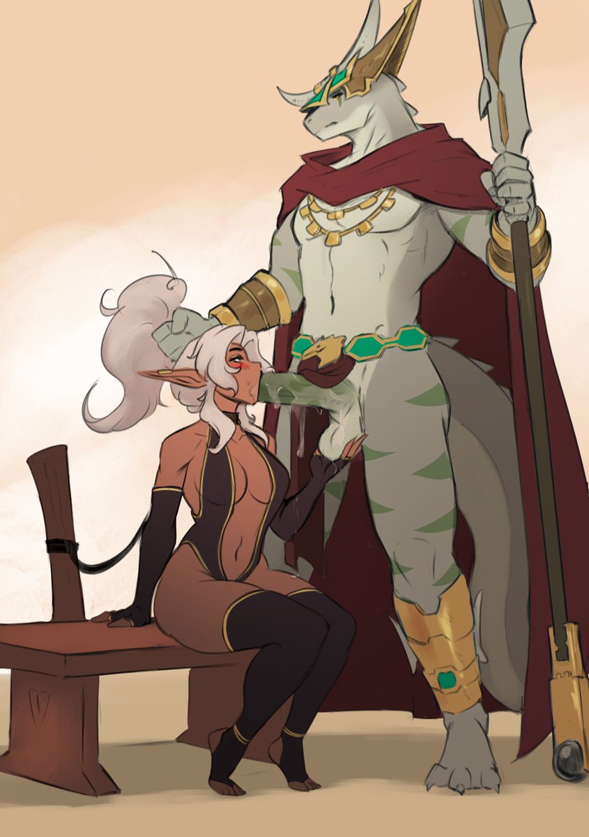 Faust_Seargit's tweet photo. Before going into battle it's important to make sure your spear is properly sharpened. Khele is doing her duties to the tribe by making sure Brazk's spear is polished and his balls are empty.  She has an important position in the tribe for sure. Khele is owned by @Zeechet1 https://t.co/nl4xMwRpia