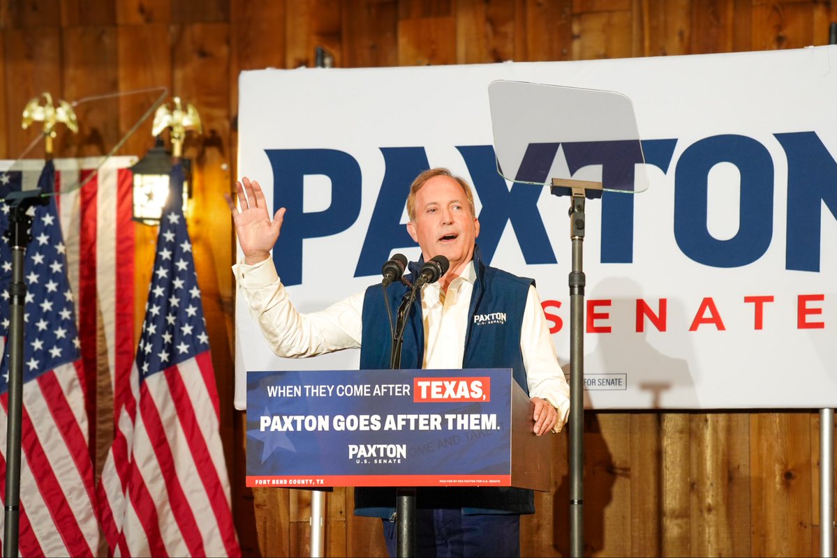 KenPaxtonTX's tweet photo. Thank you, Fort Bend! The room was packed with patriots fighting for this country. 

America is on the line. Get out and VOTE TODAY. Don’t wait! 🇺🇸 https://t.co/okLCGHcPNs