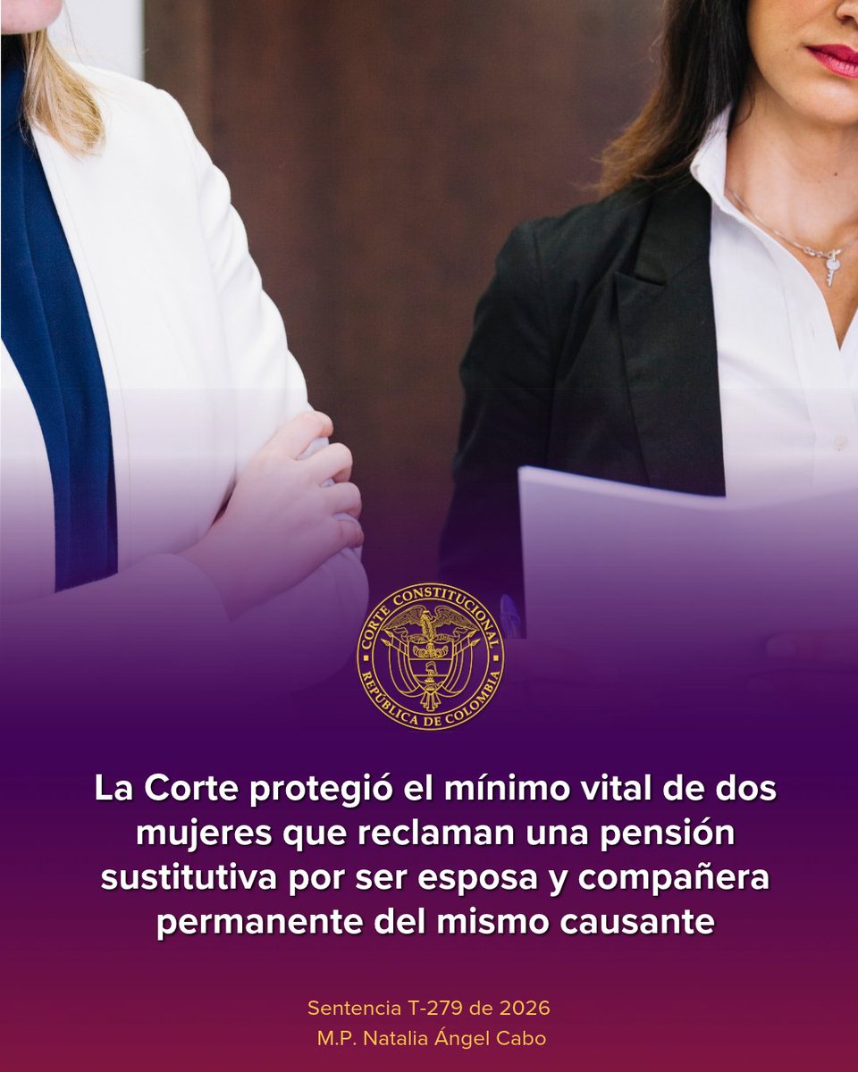 CConstitucional's tweet photo. #LaCorteInforma | Si dos personas reclaman la misma pensión, la entidad no puede dejar a ambas sin protección. La Corte fijó reglas para garantizar pagos provisionales mientras se resuelve la disputa. 

T-279/26
M.P. Natalia Ángel Cabo
https://t.co/Wtufddl6Is https://t.co/JvMO7UrLaZ