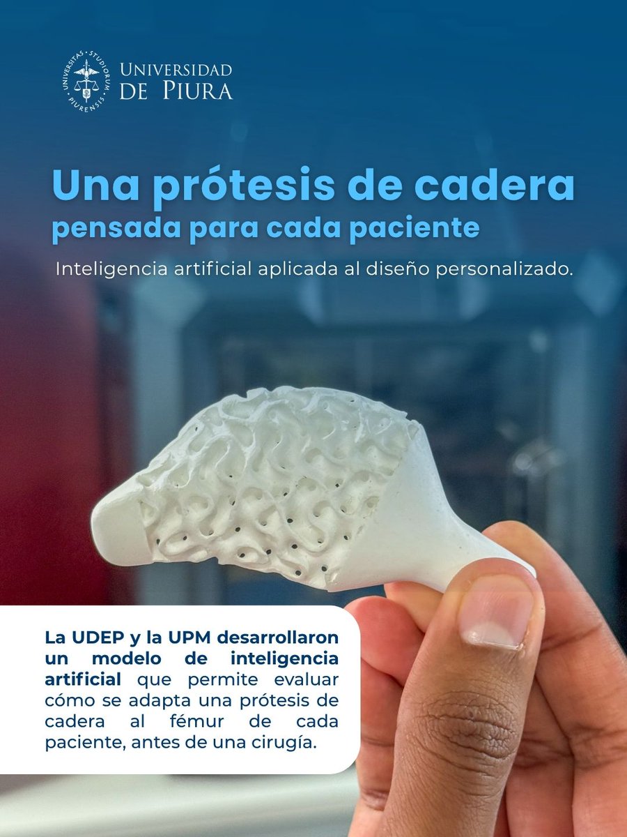 UDEP's tweet photo. ¿Y si una prótesis de cadera pudiera adaptarse mejor a cada paciente antes de una cirugía?
El profesor Carlos Ojeda y el egresado William Solórzano-Requejo participan junto con investigadores de España e Italia en un estudio que aplica inteligencia artificial para anticipar el comportamiento del implante y avanzar hacia diseños más personalizados.
Lee más en: https://t.co/qAdIDgEmsF