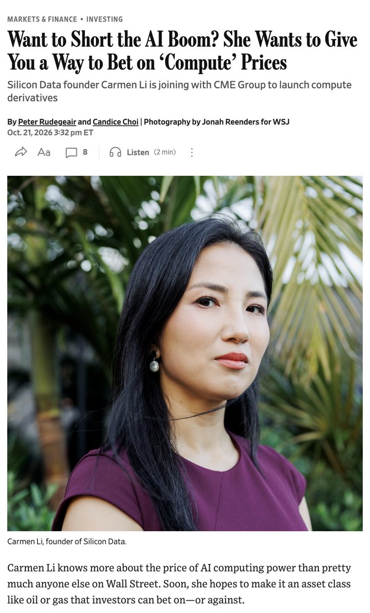 silicondata's tweet photo. Our CEO @carmenli was featured in cover story in the @WSJ Markets &amp; Finance section today. Thanks to @rudegeair and @candicechoi for covering Carmen's life journey and the AI compute market! [Link below] https://t.co/7lNs4cluuU