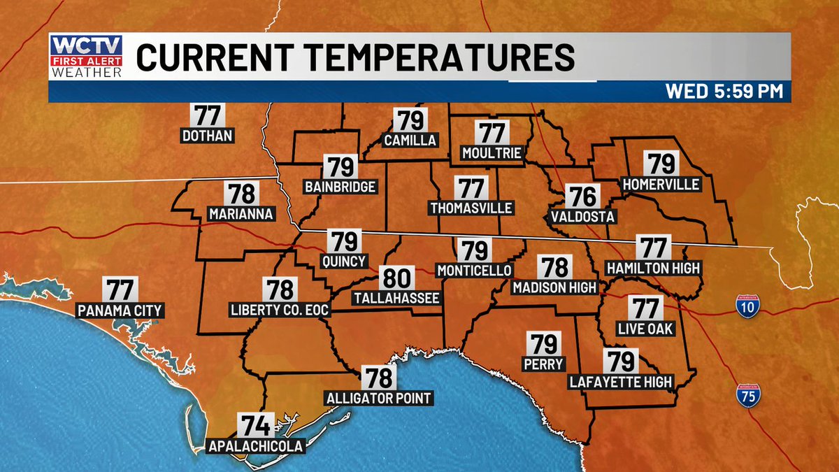 WCTVFirstAlert's tweet photo. Here's a look at the temperatures across our area. #FLwx #GAwx https://t.co/iNarP9g1ap