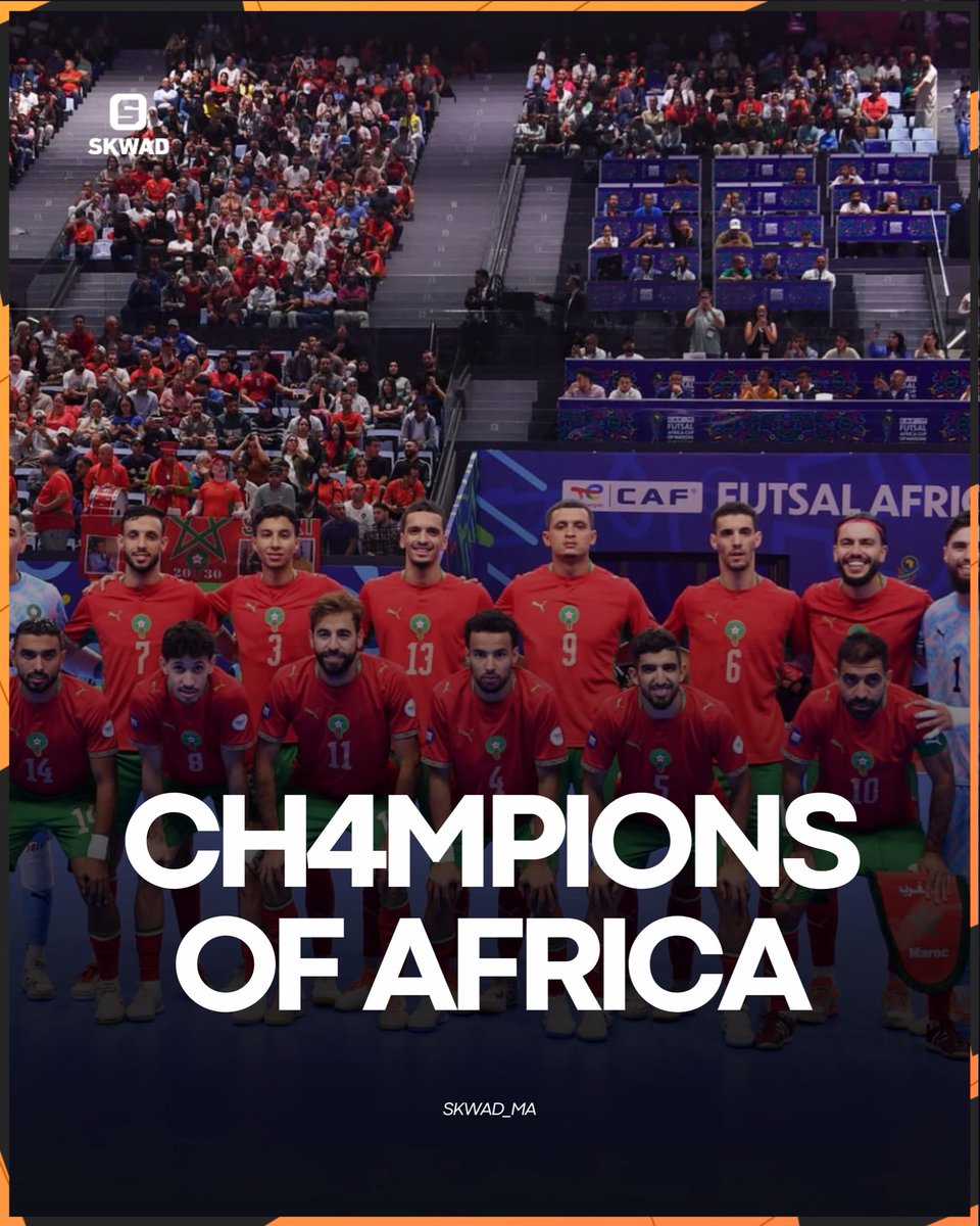 SKWAD_ma's tweet photo. Le Maroc sacré champion d’Afrique de futsal pour la quatrième fois de son histoire! 🏆🇲🇦

Félicitations aux Lions du futsal et au sélectionneur Hicham Dguig pour cet exploit ! 👏❤️
————
Four-time African champions! 🏆🇲🇦
Congratulations to Morocco’s Futsal Lions and coach Hicham Dguig! 👏❤️