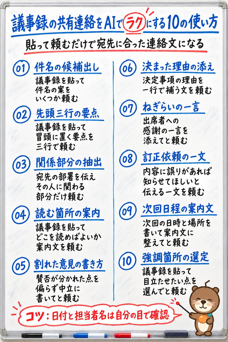 happyhyelim's tweet photo. 正直、議事録は全文をそのまま送っても読まれません。
読む人が知りたいのは、自分に関わる部分だけです。
貼って頼むだけで、相手ごとの連絡文に変わります。
やり方を図解1枚にまとめました🦦 https://t.co/75tkJ0vlkS