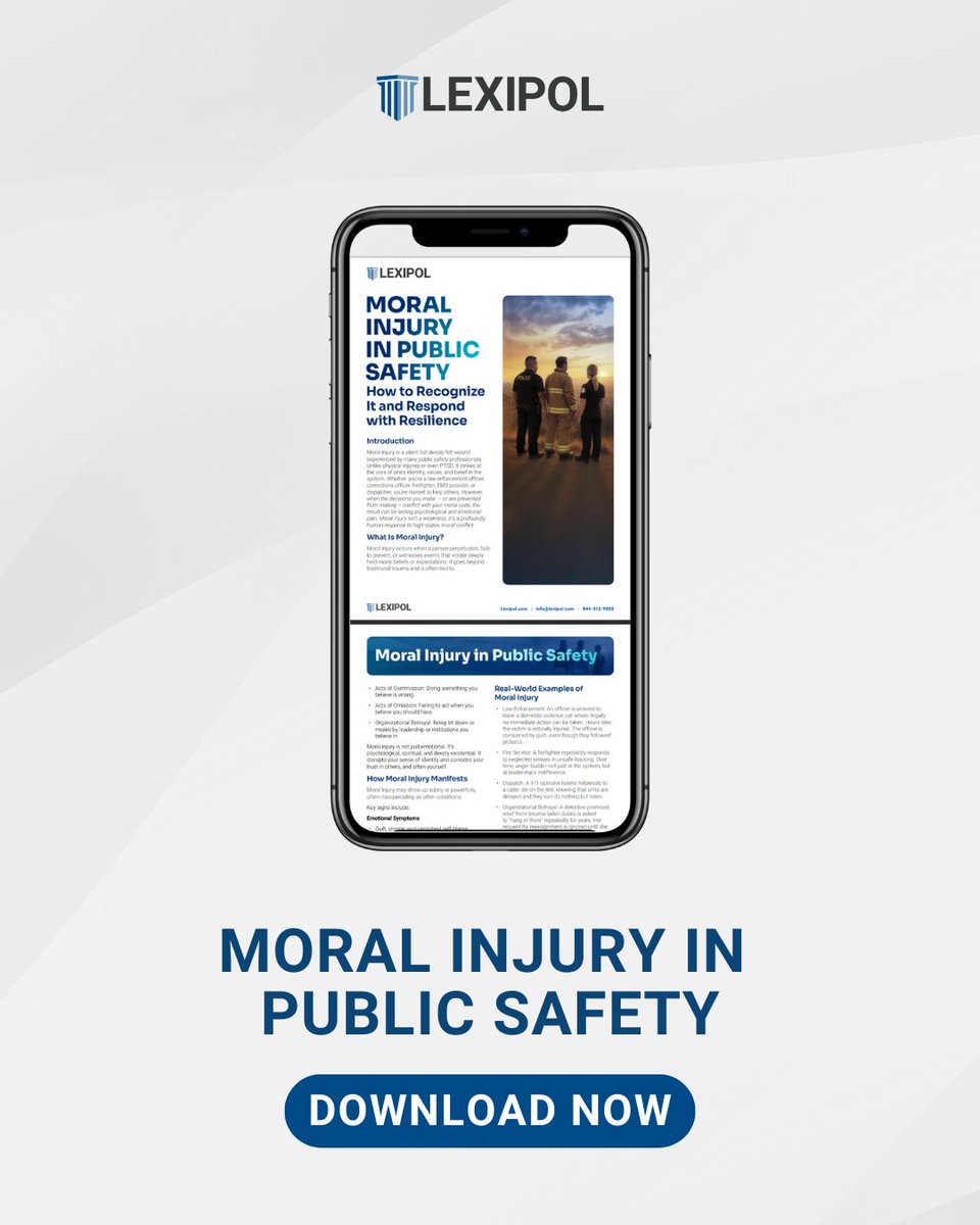 Lexipol's tweet photo. When your values are challenged by what the job asks of you, that’s moral injury, and it can cut deep. This tip sheet explains what it is, how to spot it, and what leaders and peers can do to help. Learn more: https://t.co/Hq4Z1byyST? https://t.co/nbVRFn4nPk