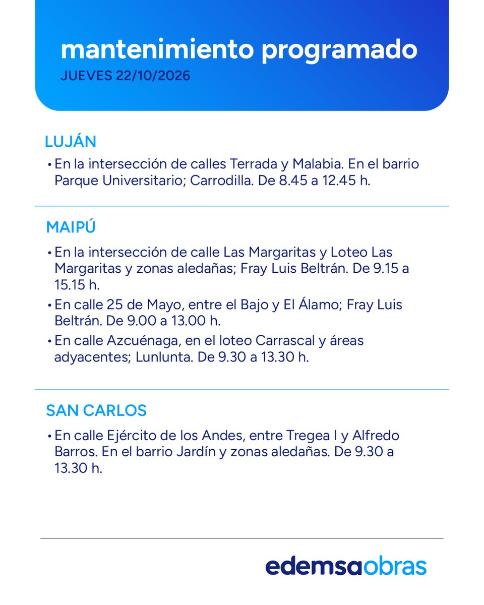Edemsa's tweet photo. ⚠️ Mantenimiento Programado #Edemsa
Jueves 22 de Octubre.
Afectación del servicio en las siguientes zonas y horarios.
Recordá que podés consultar el #Mantenimiento2026 en nuestra web https://t.co/dXA7e8Bp7r https://t.co/oREqnvRXy9