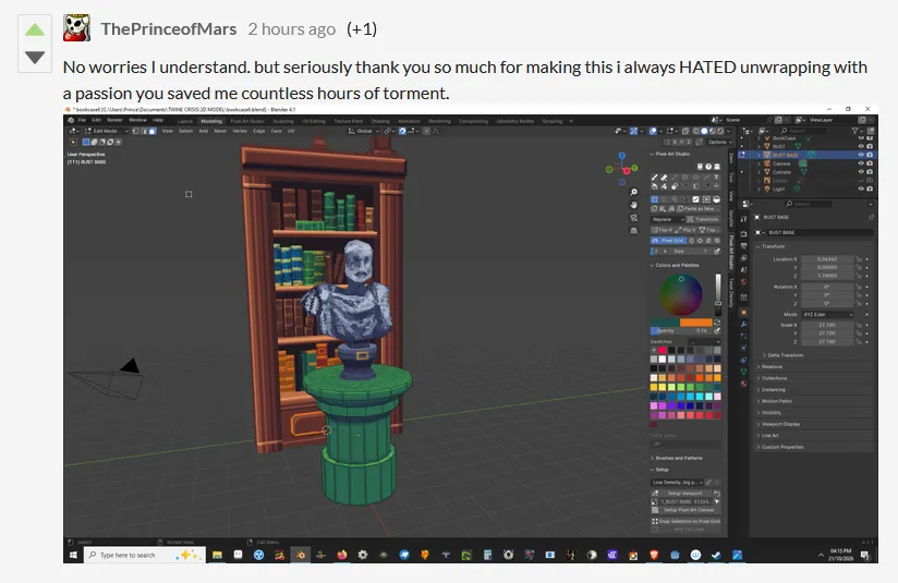 AlfredBaudisch's tweet photo. "i always HATED unwrapping [...] you saved me countless hours of torment"

"gets more perfect with each update"

"The only thing crazier than someone saying "don't worry about UVs" is them being correct about it. I've been loving this update and everything before it as well" https://t.co/Dc2dDmk8fM