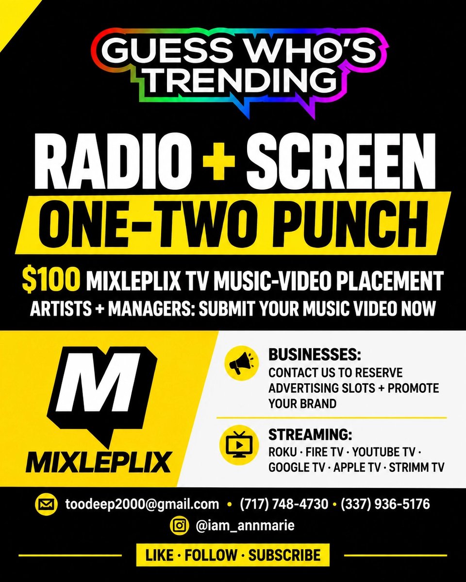 imtoodeep's tweet photo. Artists/managers: $100 Mixleplix TV video: submit now. Businesses: contact us for ad slots/brand promotion. Platforms, contacts, @iam_annmarie + Like/follow/subscribe on graphic. https://t.co/h2wugmEIiI