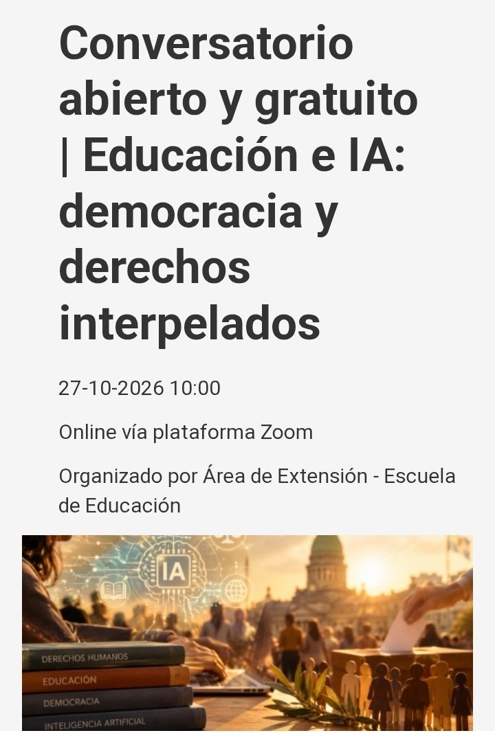 FerrarelliM's tweet photo. En el marco de Programa de IA en educación de la @EscuelaEduUdeSA se viene este conversatorio abierto y gratuito con dos amigos muy queridos: Juliana Raffaghelli (Uni Padua)  y Antonio Bahamonde (Uni Oviedo).

🤖Conversaremos sobre derechos y democracia en tiempos de IA, y presentaremos el Libro Blanco de la IA en educación que editamos para Fundación Avanza de España junto con Daniel Innerarity, Estrella Montolío Durán David Bueno Xavier Gimenez Tíscar Lara Antonio Bahamonde y Luz Neira.

27 de octubre 
10hs 🇦🇷 / 14hs 🇪🇸 / 15hs 🇮🇹

Gratuito con inscripción previa.

Link de inscripción:
https://t.co/yFc1fWXXbo