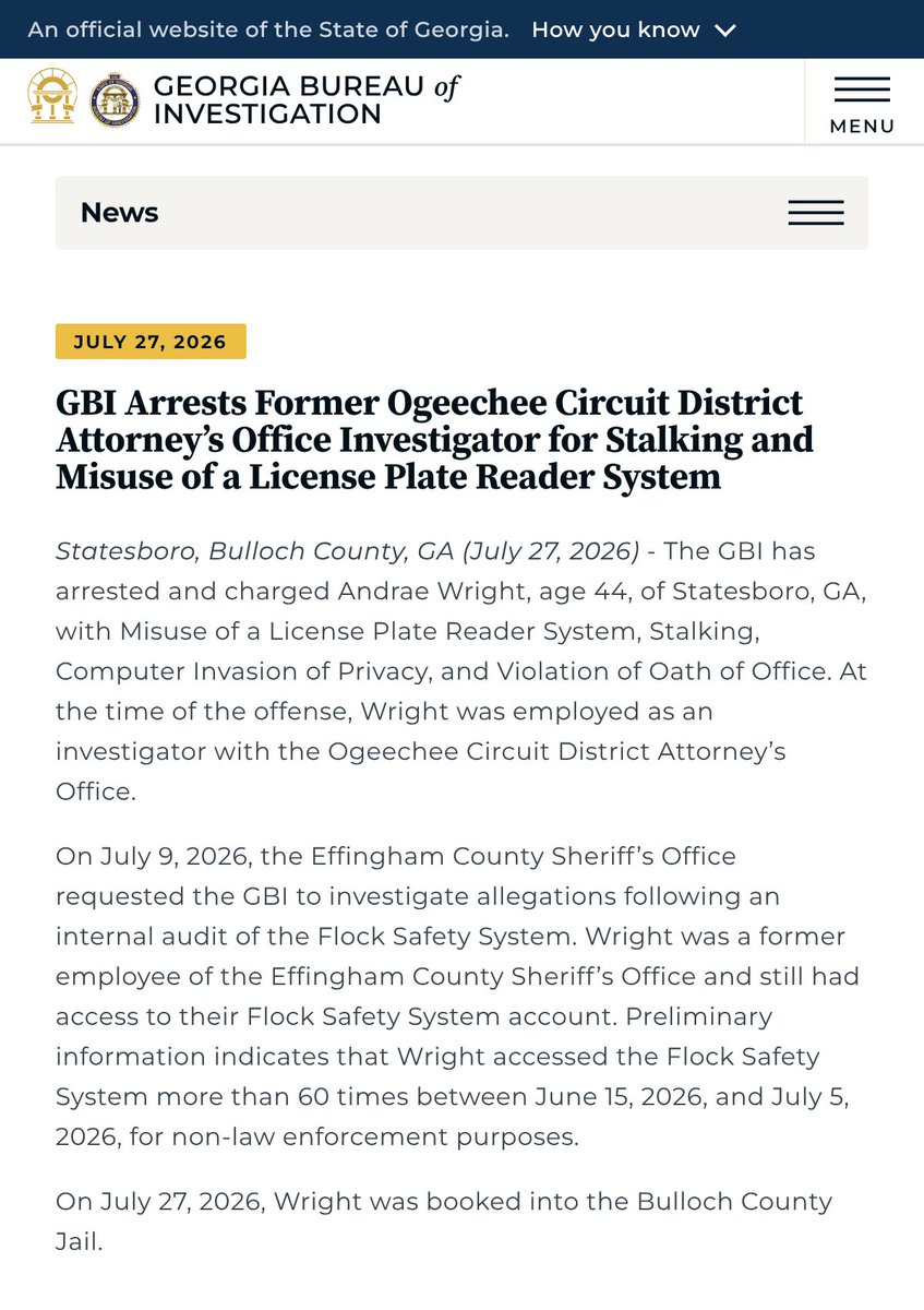 IntCyberDigest's tweet photo. ‼️ A Georgia sheriff's investigator left in 2021 but kept his login to Flock's camera network and searched it 60+ times.

Logs seen by The Washington Post show repeated lookups of his wife's vanity plate. He's charged with stalking her. https://t.co/yVUxqSUK5F