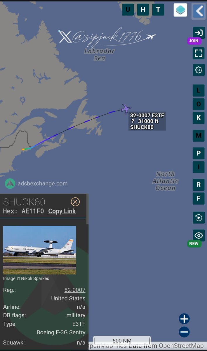 sipjack1776's tweet photo. @Borrowed7Time @3315Aviation @blackswanadria @stunorth69 @steffanwatkins E-3G Sentry 
#AE11F0/82-0007/SHUCK80
En route to Ramstein out of Bangor. https://t.co/jIKZgALPzA
