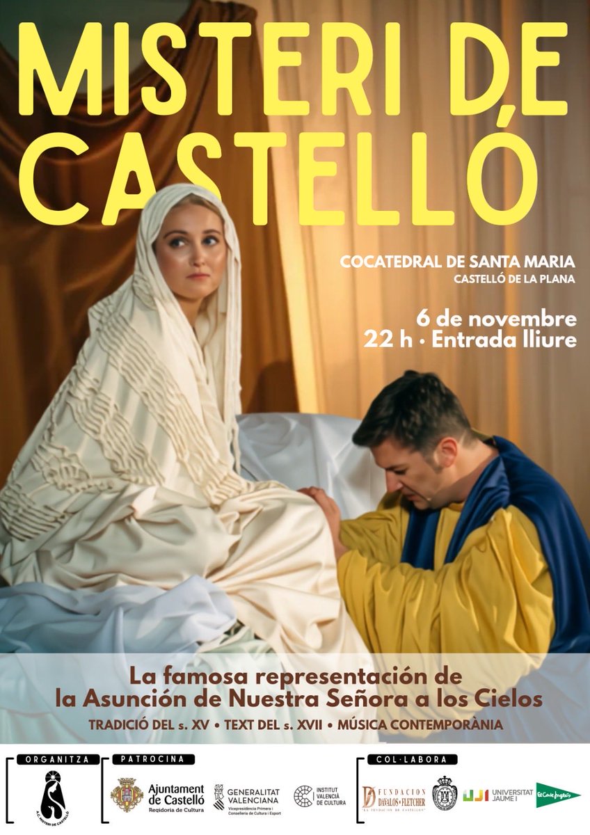 misteri_de_cs's tweet photo. 🗓️ Divendres 6 de novembre
🕙22:00h
⛪️ Cocatedral de Santa Maria de Castelló
🎫 Entrada lliure fins completar aforament.

T’esperem per viure esta tradició del S. XIV amb text del S. XVII i música contemporània. 

Vine! https://t.co/kGcjSj6hQM