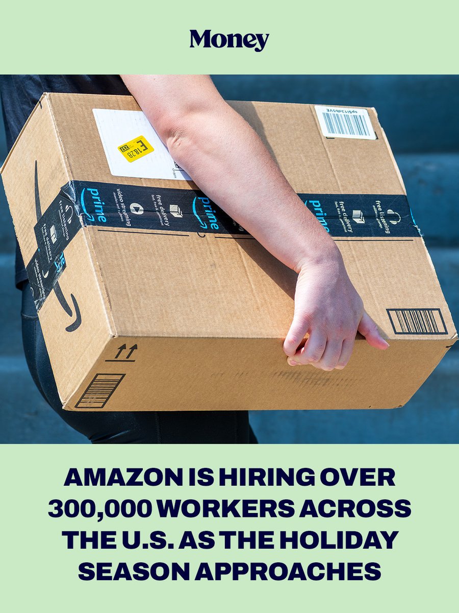 Money's tweet photo. Amazon is hiring more than 300,000 seasonal, part-time, and full-time workers across the U.S. ahead of the holiday shopping rush. Seasonal employees earn an average of $20 an hour, while full-time operations workers start at $20, with average hourly pay nearing $24. Beginning January 1, 2027, seasonal employees working at least 30 hours weekly will also qualify for healthcare plans starting at $5 a week.