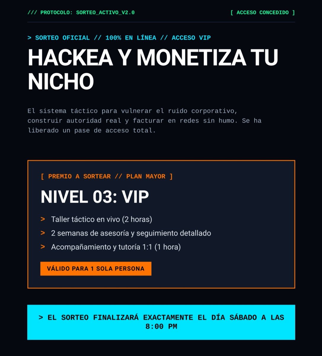 KevinNegocios's tweet photo. ¡SORTEO!

Un acceso Nivel 3 (2 horas de taller + 2 Semanas de seguimiento + 1 Hora de asesoría 1:1).

¿Cómo participar?

Simplemente etiqueten a un amigo, del Like y Repost, y... ES TODO. https://t.co/6r8WUbSJZ4