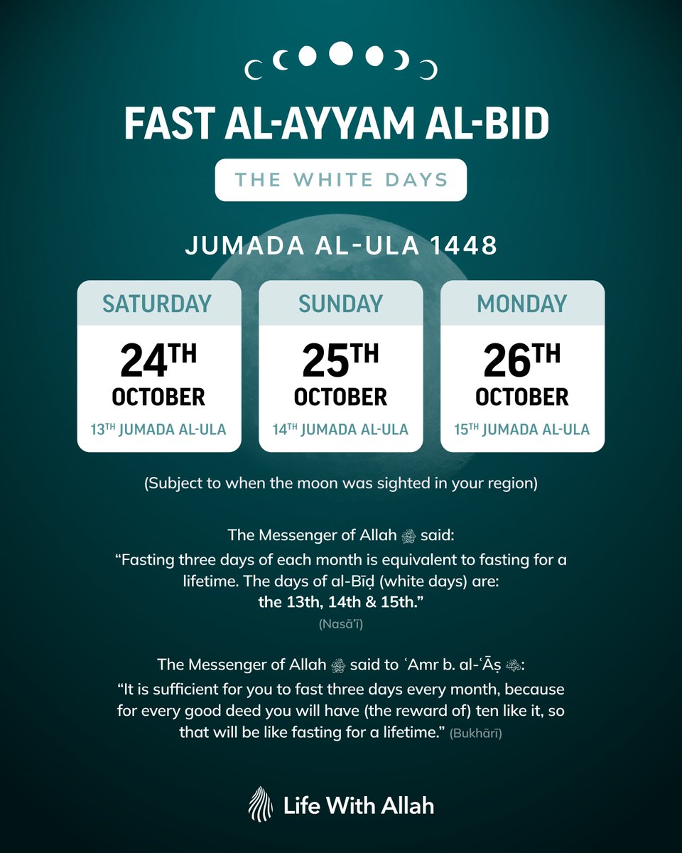 alifewithallah's tweet photo. Three Days of Fasting Each Month: The Reward of Fasting a Lifetime

With the days getting shorter, it’s a perfect opportunity to try to fast the white days each month, as well as on Mondays and Thursdays. https://t.co/fwxdiyVftx