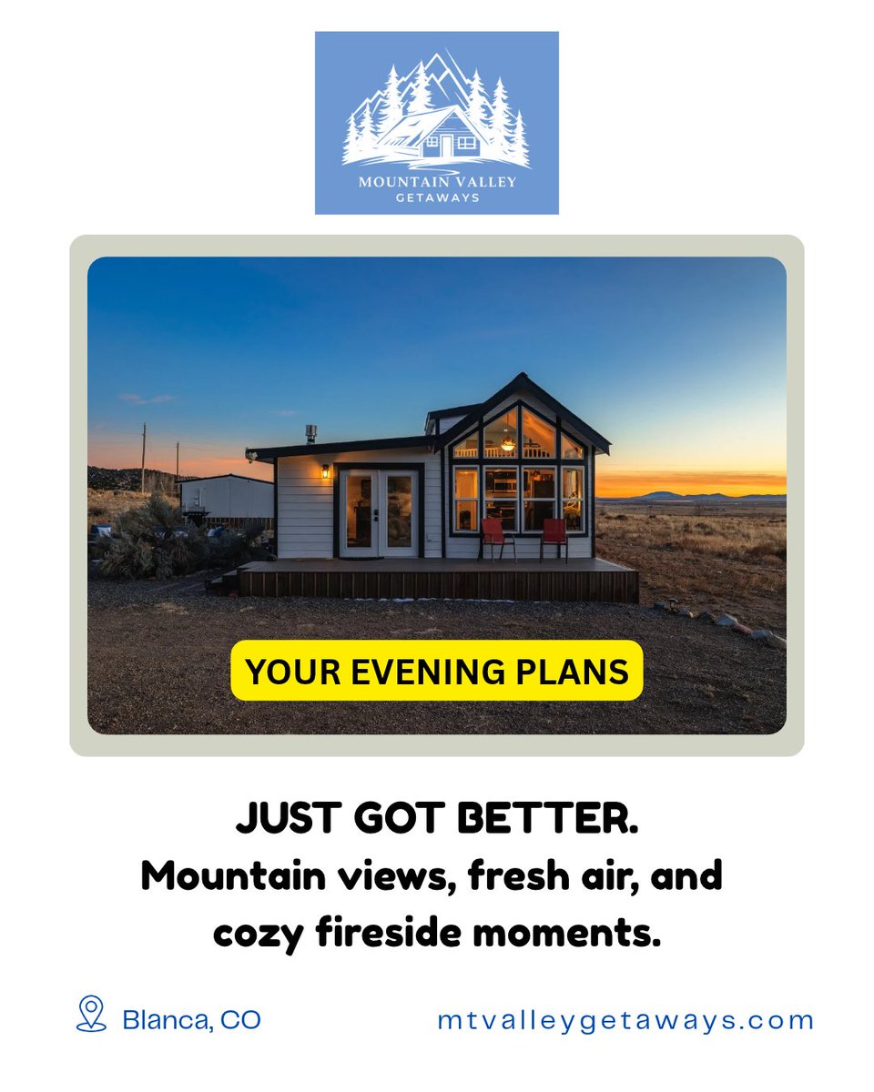 mtvalleygetaway's tweet photo. Your evening plans just got better! 🌄🔥

Mountain views, fresh Colorado air, and cozy moments around the fire.

Sometimes, the best getaway is simply slowing down and enjoying the view.

📍 Blanca, Colorado
🌐 https://t.co/reGplKfcg1
#ColoradoGetaway #MountainValleyGetaways https://t.co/N0L9aqhung