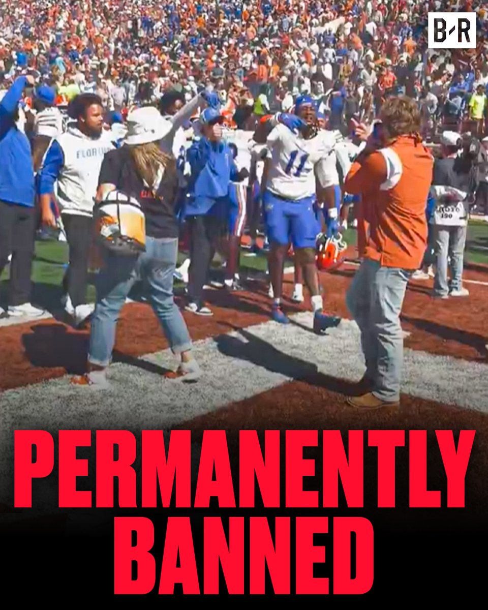 BleacherReport's tweet photo. Texas has permanently banned a fan who filmed himself making obscene gestures toward Florida players on the field

The fan entered the field following Texas' 27-24 loss to Florida https://t.co/FTjoKB8GuO