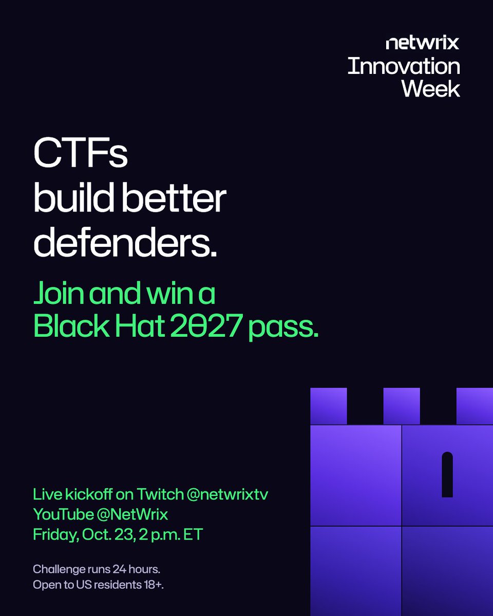Netwrix's tweet photo. Five challenges. One AI helpdesk assistant. Your job is to break it.

Sign up: https://t.co/xUkioqINPr

Join us for HelpdeskGPT, the Netwrix Innovation Week capture the flag. You’ll attack an AI assistant to find hidden flags and see firsthand how AI systems get compromised and why the defenses around them matter.

The winner takes home a pass to Black Hat USA 2027 in Las Vegas, with swag for runners-up. The CTF runs for 24 hours, with 12 hours of uptime to complete the challenges.

Watch the live kickoff on YouTube: https://t.co/3zFvzQYPcA
Friday, October 23 | 2:00 p.m. ET / 11:00 a.m. PT