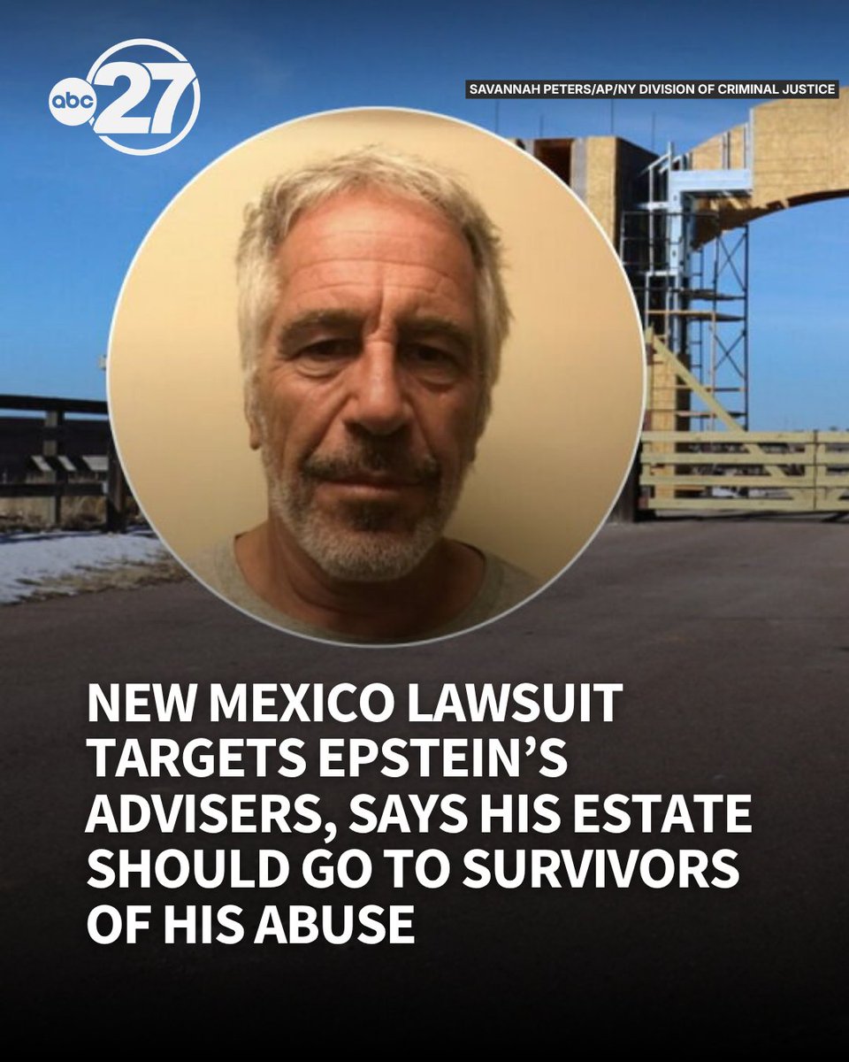 abc27's tweet photo. “Those resources rightfully belong in the hands of survivors.”
 
New Mexico’s attorney general is suing two Jeffrey Epstein advisers in an effort to stop them from benefiting from his multimillion-dollar estate. https://t.co/9rizSVssam