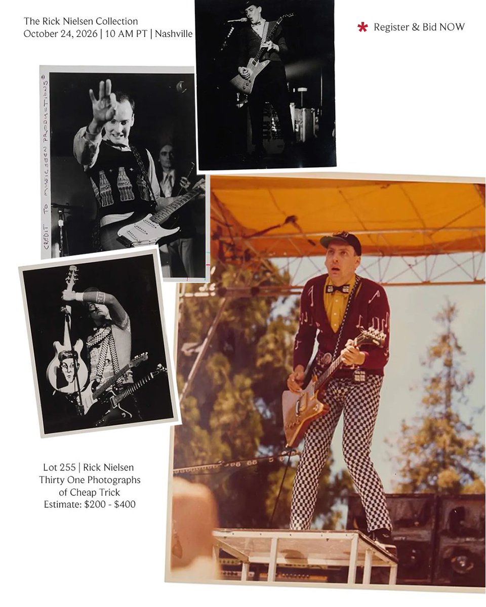 JuliensAuctions's tweet photo. From candid photographs documenting life on and off the stage, this selection from Rick Nielsen’s collection offers a glimpse into the world behind the music. Vintage photography, stage-used gear, and classic Fender amplifiers reflect the history, personality, and unmistakable sound of one of rock’s most distinctive guitarists.

Join us for "The Rick Nielsen Collection" live and online October 24 from Nashville's Musicians Hall of Fame & Museum. A portion of proceeds benefits St. Jude Children's Research Hospital.

Register & Bid
https://t.co/clDBJdodjk

#JuliensAuctions #RickNielsen #ClassicCars #Guitars #CheapTrick
