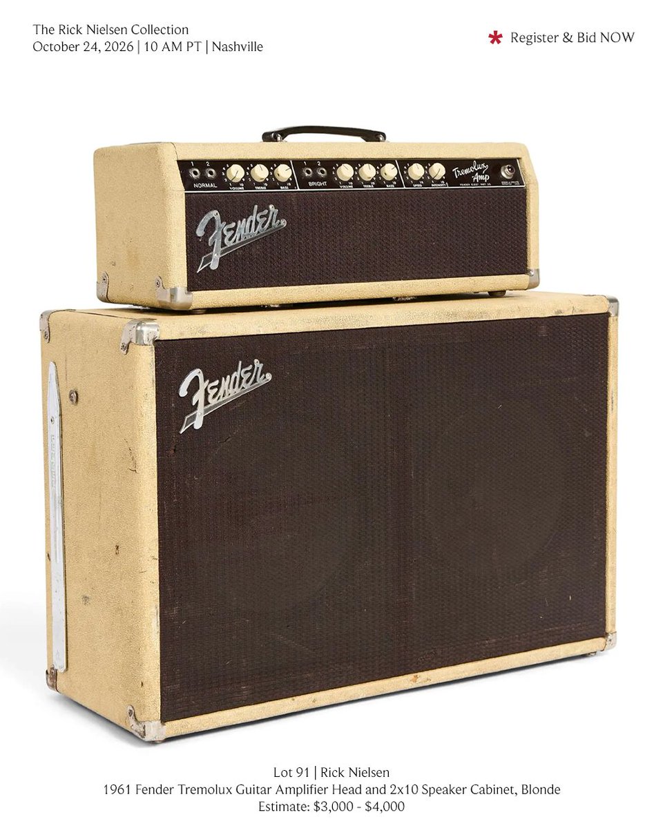 JuliensAuctions's tweet photo. From candid photographs documenting life on and off the stage, this selection from Rick Nielsen’s collection offers a glimpse into the world behind the music. Vintage photography, stage-used gear, and classic Fender amplifiers reflect the history, personality, and unmistakable sound of one of rock’s most distinctive guitarists.

Join us for "The Rick Nielsen Collection" live and online October 24 from Nashville's Musicians Hall of Fame & Museum. A portion of proceeds benefits St. Jude Children's Research Hospital.

Register & Bid
https://t.co/clDBJdodjk

#JuliensAuctions #RickNielsen #ClassicCars #Guitars #CheapTrick
