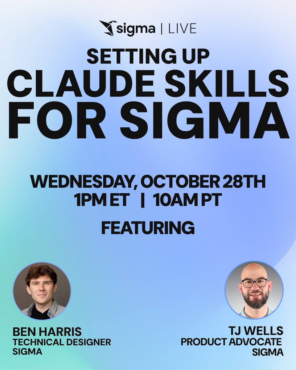 sigmacomputing's tweet photo. AI coding agents are only as effective as the context they have.

Join us for a hands-on session showing how to install and configure Sigma's agent skills in Claude Code and start building with greater speed and accuracy.

Save your spot for October 28 🗓️: https://t.co/mDCoeT2kXx https://t.co/L8pqVer6uS