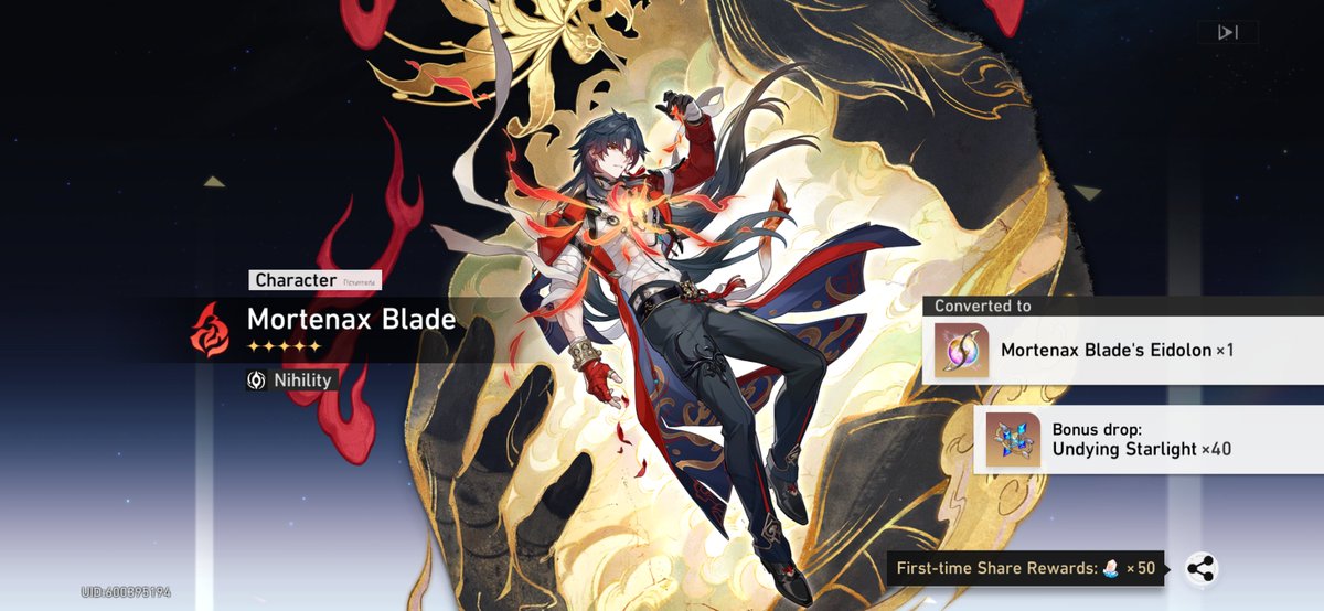 SkaterJayy's tweet photo. After losing like 4 50/50s in 4.3 on his original release, my blade is finally E6! #HonkaiStarRail https://t.co/8vlXRPgwk0