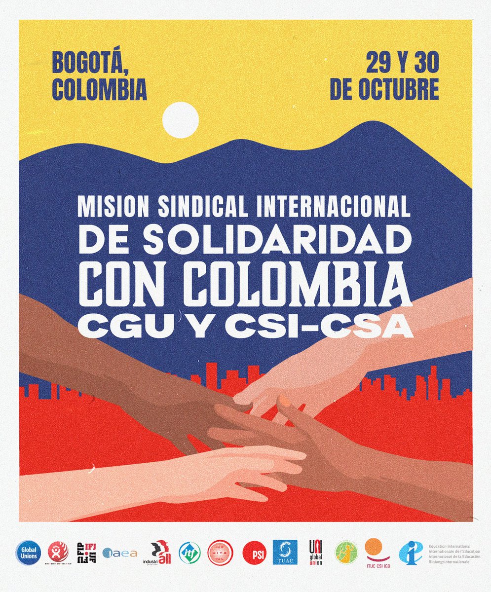 uniamericas's tweet photo. 🇨🇴¡La solidaridad internacional llega a Colombia!

Líderes sindicales de todo el mundo, en representación de más de 210 millones de trabajadores, llegan para acompañar al sindicalismo colombiano y defender la democracia, los derechos laborales y la paz. ✊ https://t.co/PVCkKUZxOQ