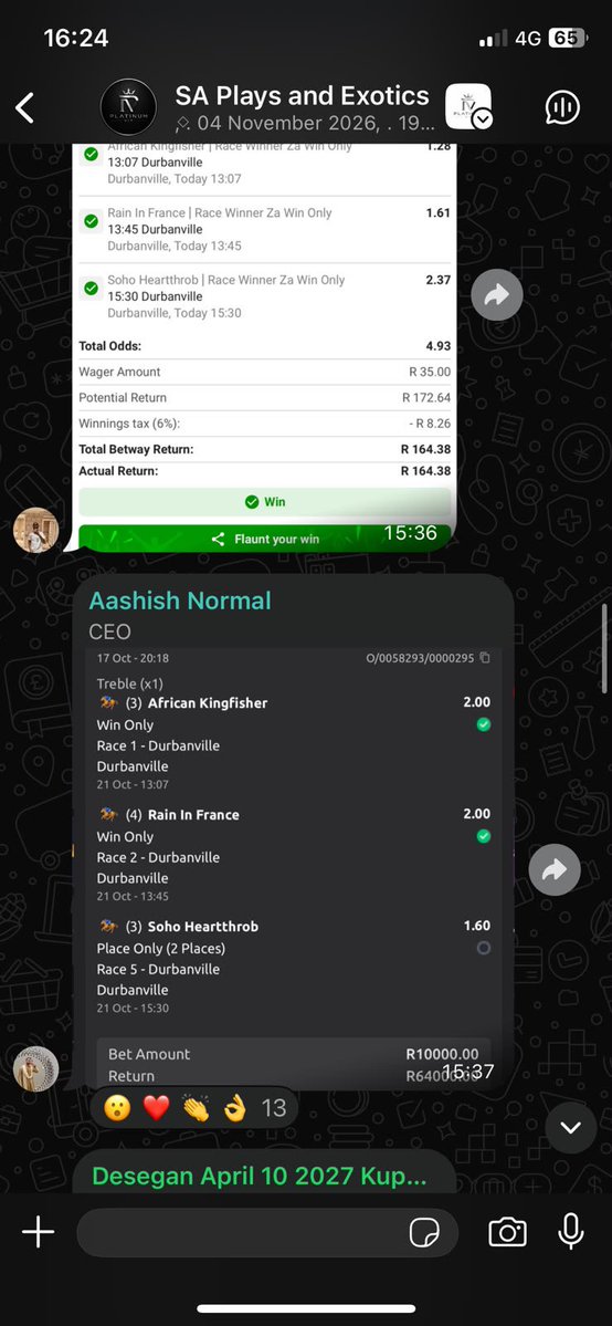 AashishRamnunan's tweet photo. 𝐃𝐮𝐫𝐛𝐚𝐧𝐯𝐢𝐥𝐥𝐞 𝐖𝐞𝐝𝐧𝐞𝐬𝐝𝐚𝐲 

Back with a bang and the form surge is going strong yet again. The last streak lasted 15 days. 

The members and their wins speak for themselves. 

Big racing coming up. More wins to follow.

Get access to our Members hub and WhatsApp community today. 

Enquire: 078 430 5316

https://t.co/CAXSv8zX8J