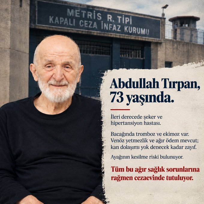 PatrickJane02's tweet photo. Sözün tükendiği yeri çoktan geçtik...

En büyük suçu (!) iyilik yapmak olan 73 yaşındaki ağır hasta Abdullah Tırpan için aylardır yapılan bütün tahliye talepleri reddedildi. Gelinen noktada Tırpan’ın ayağının ampute edilmesine karar verildi. @emrkongar 

AbdullahDede İçinYaz https://t.co/A34wqM2iBd