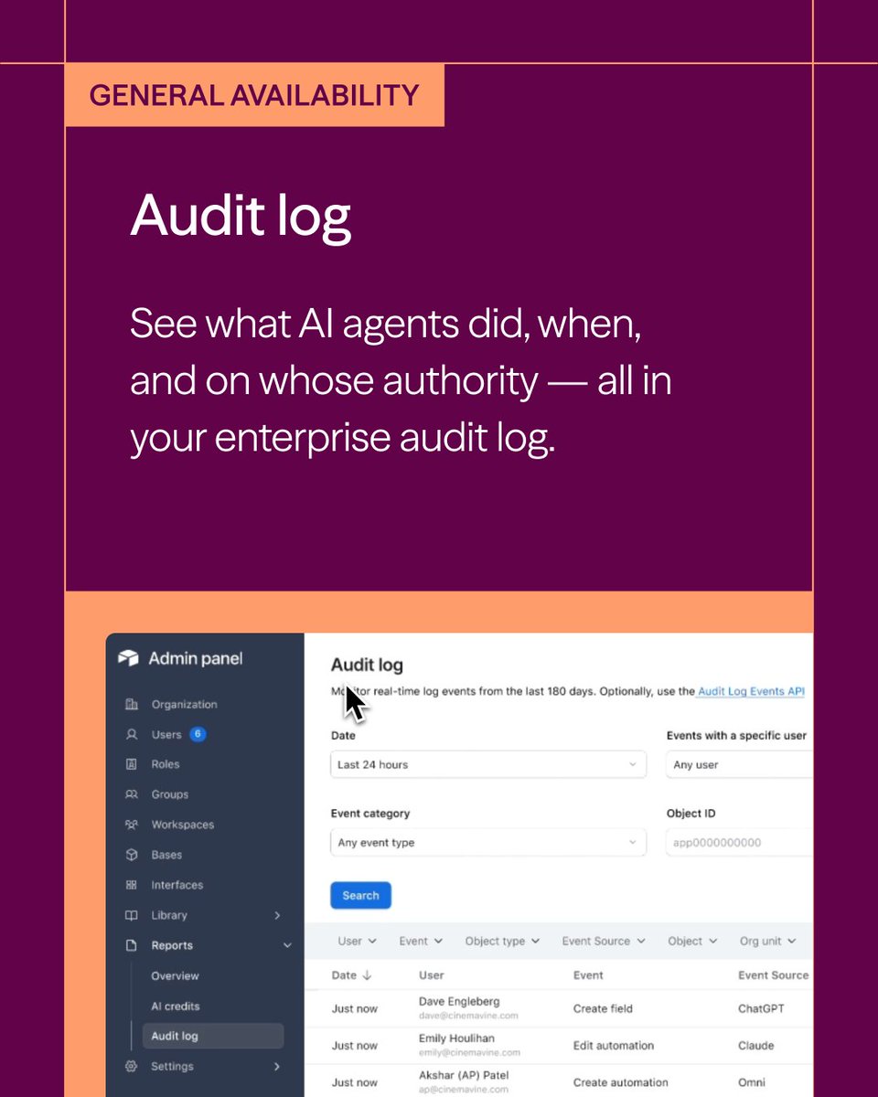 airtable's tweet photo. Audit log: see what agents did, when, and on whose authority. https://t.co/NvkafYhHwu