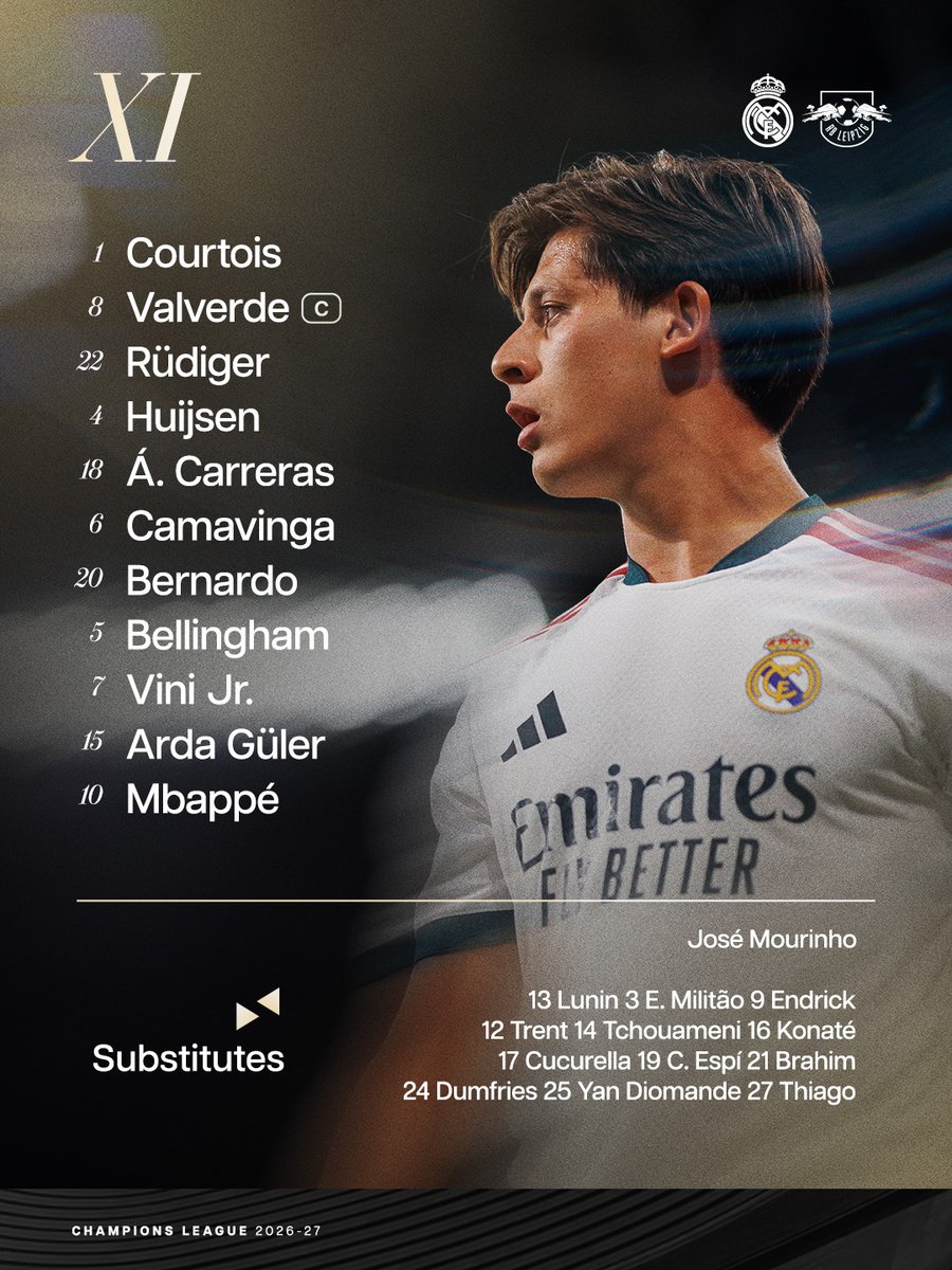 realmadrid's tweet photo. 📋✅ ¡Nuestro XI inicial! 
🆚 @RBLeipzig https://t.co/phBFe2RTnR