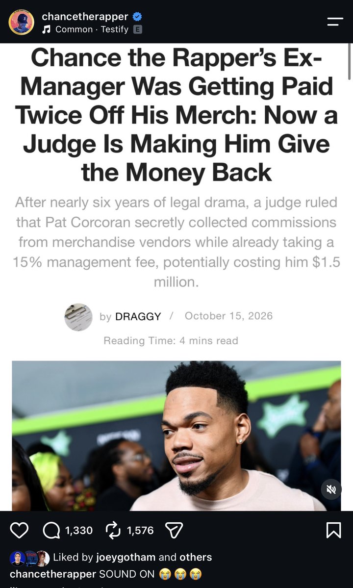 big_business_'s tweet photo. Chance The Rapper is celebrating on Instagram after winning a court battle against his former manager Pat Corcoran and is now owed $1.5 million over commissions and deals made without his notice 

The judge stated artist managers are legally bound to put their clients first https://t.co/EtQBBmCJ6v