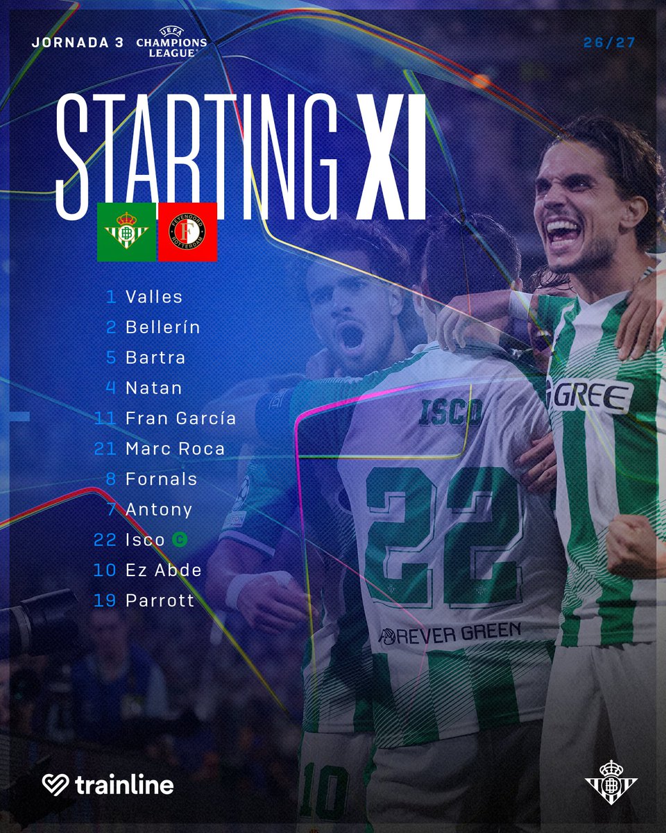 RealBetis_en's tweet photo. 𝗧𝗘𝗔𝗠 𝗡𝗘𝗪𝗦 ❗

Our starting XI for #RealBetisFeyenoord! 💚🤍 https://t.co/CnvecuUfNP