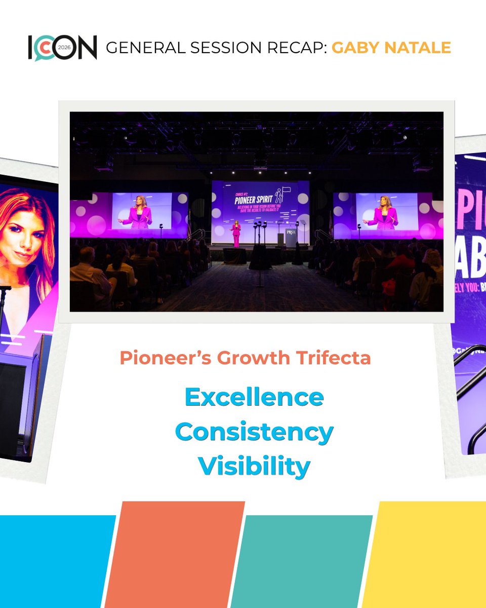PRSA's tweet photo. Stop following the playbook. Start thinking like a pioneer. 💡

At #PRSAICON 2026, Gaby Natale shared her formula for growth: excellence, consistency and visibility.

Read the keynote recap: https://t.co/HyrZHBQ9VK https://t.co/Qy4hnZhrd5