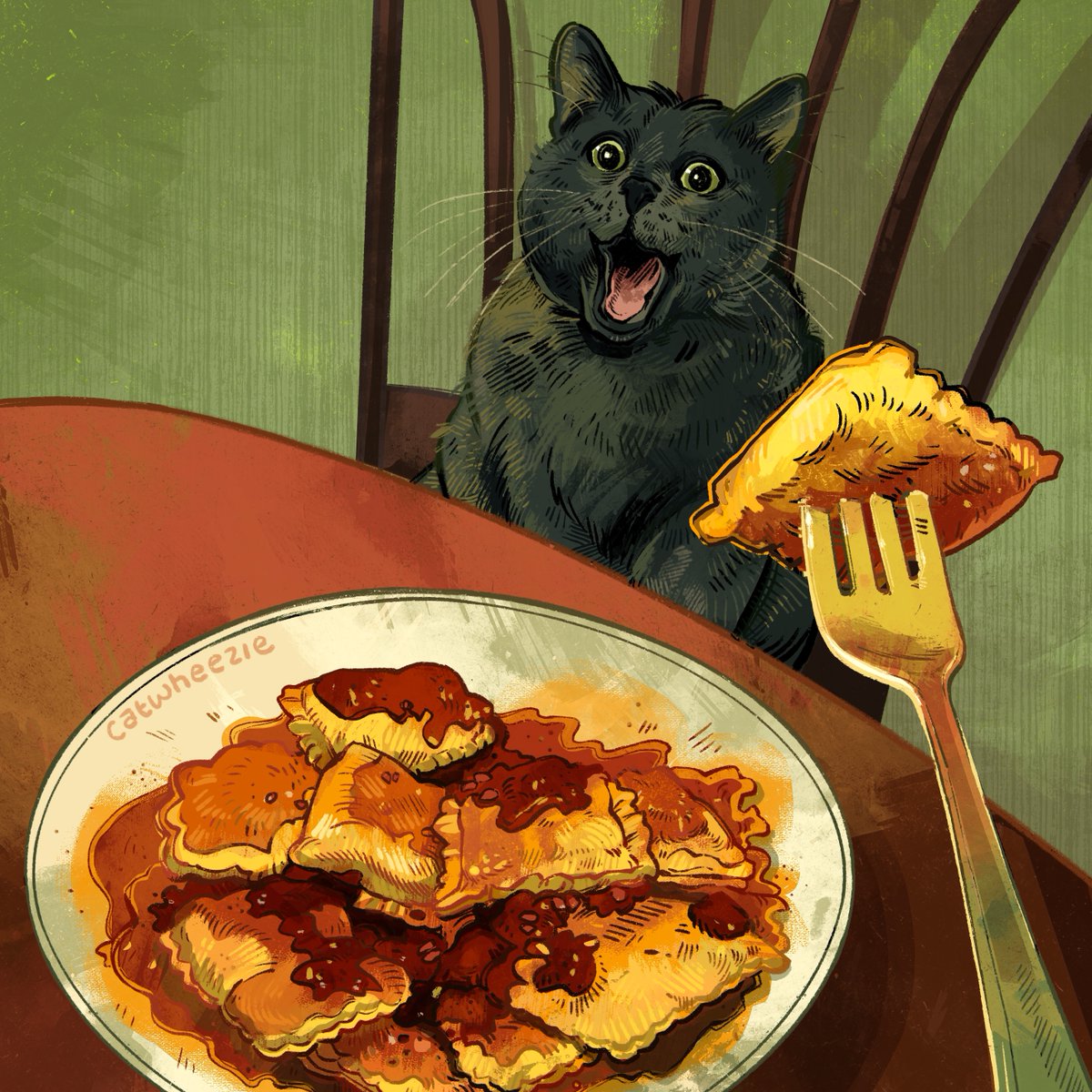 catwheezie's tweet photo. No AI. Made in Procreate with a love for cats and food 🐱🍝🍰 https://t.co/4p2ABjkpv2