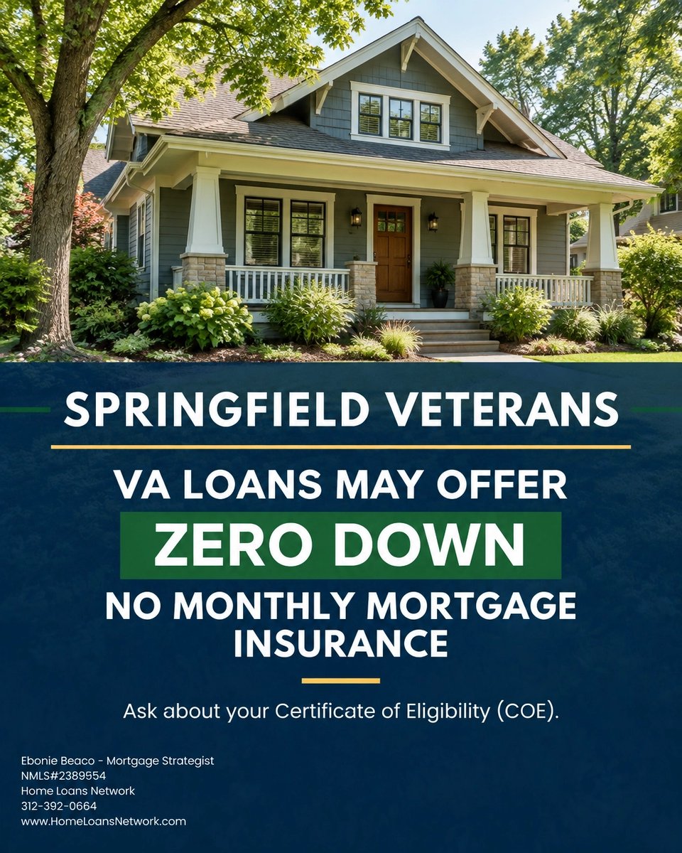 HomeLoansWork's tweet photo. Springfield veterans: VA loans may offer zero down and no monthly mortgage insurance. Your earned benefit may go further than you think. Ask about your COE. #SpringfieldIL #VALoan #VeteransHomeownership #IllinoisMortgage https://t.co/L3f0jHsG5X