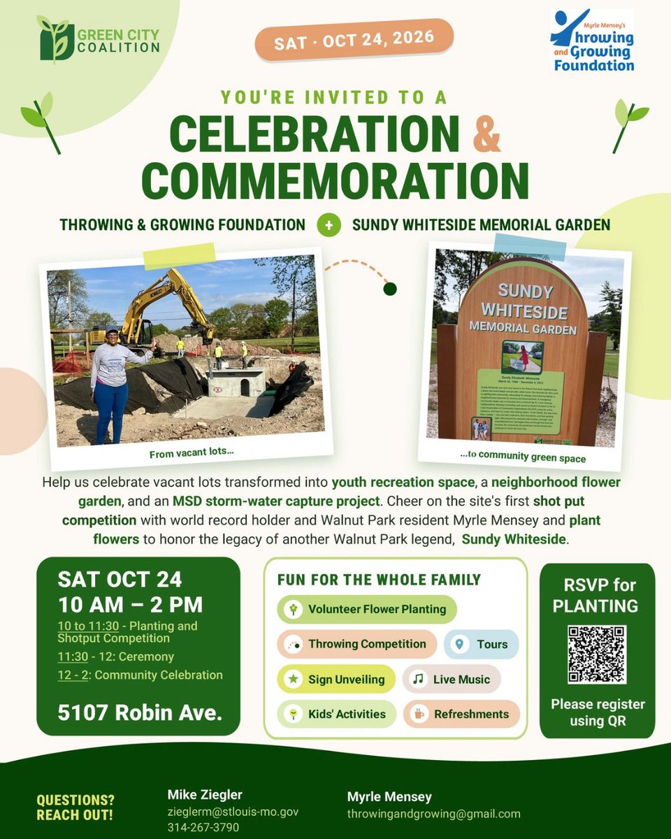 DevelopStLouis's tweet photo. 🌱 Join the Green City Coalition, Throwing and Growing Foundation, and Sundy Whiteside Memorial Garden this Saturday, Oct. 24, to celebrate a year of community progress.

The celebration will feature native flower planting, a shotput competition, the unveiling of new signs, food, music and more. Stop by to see how the vacant lot transformed into a community space and celebrate the partnerships helping strengthen St. Louis!

✅ Saturday, Oct. 24 | 10 a.m. – 2 p.m.
✅ 5107 Robin Ave., St. Louis

🌼 Interested in helping plant native flowers? RSVP here: https://t.co/BkXUAdPgBy