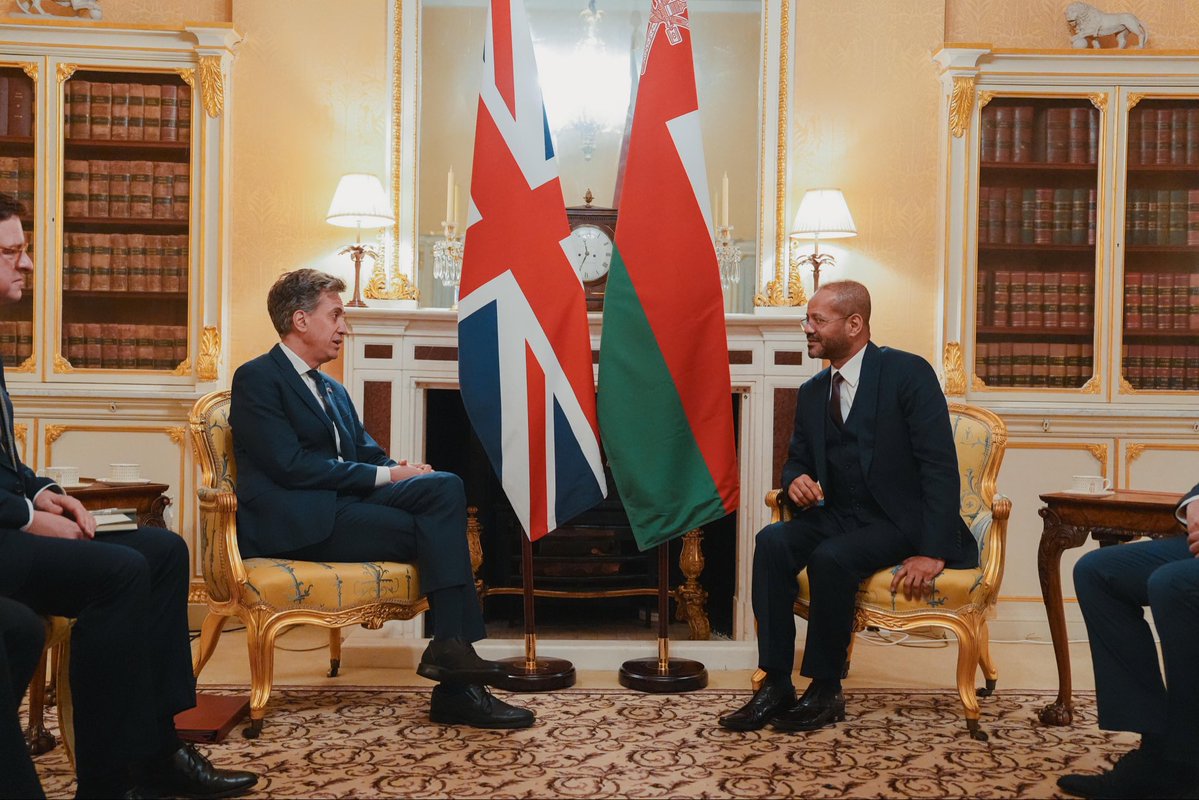 Ed_Miliband's tweet photo. The UK and Oman share almost 400 years of friendship.

The State Visit of His Majesty Sultan Haitham bin Tarik enshrines this as a partnership for the future.

Good to meet @badralbusaidi to reaffirm our work together, including on education, investment and regional stability. https://t.co/GLqjRhCwQj