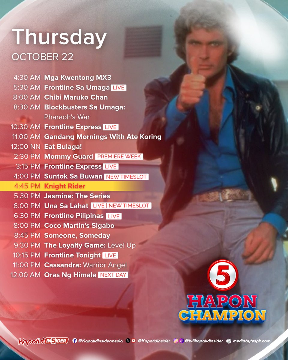 KapatidInsider's tweet photo. Kapag sina Michael at KITT ang magkasama, siguardong ASTIG ang bawat hapon niyo! 😎 Maki-sakay na sa #KnightRiderTV5, MAMAYA, 4:45PM sa #HaponChampionTV5!

Visit https://t.co/PxiGF2ke6r for more details. https://t.co/YVTdrxPntO