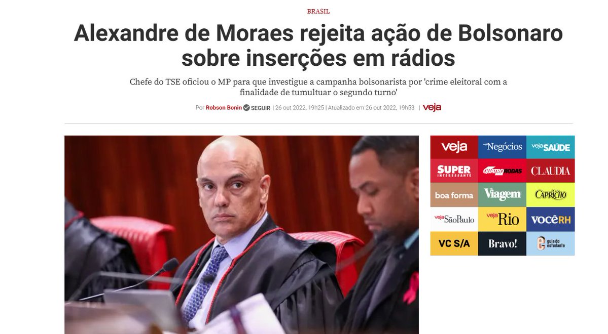 jpmachadorocha's tweet photo. Hoje é a quarta-feira que antecede o domingo antes do 2º turno das eleições.

Nesse mesmo dia nas eleições de 2022, ou seja, na quarta-feira anterior ao 2º turno, Alexandre de Moraes negava um pedido da campanha de Jair Bolsonaro para investigar a omissão de diversas inserções de rádios das propagandas da campanha de Jair Bolsonaro no país inteiro, mas especialmente no Nordeste (que ficou conhecido na época como "Radiolão").

Moraes não apenas rejeitou a investigação, como encaminhou ofício ao MPE para que investigasse A CAMPANHA DE BOLSONARO por ter feito o pedido (pois entendeu que o objetivo supostamente seria o de "tumultuar o segundo turno"), além de enviar cópias, óbvio, ao Inquérito das Milícias Digitais.

Até hoje a grande imprensa insiste em dizer que as eleições de 2022 foram limpas, democráticas e transparentes.

Hoje, Moraes e sua "ala" estão discretos (depois de aprontarem todas durante o primeiro turno e descobrirem que isso tem um custo). 

No entanto, a imprensa relata que Lula segue "conversando" com eles, e que têm a EXPECTATIVA de que Lula consiga virar o resultado do 1º turno com "as medidas econômicas" (e eleitoreiras) adotadas nas últimas semanas, que contam com o respaldo do próprio STF (que teria o poder de sustar tais medidas, ante sua óbvia inconstitucionalidade).

Com isso já vamos para 2 eleições seguidas com ministros do STF atuando para eleger Lula.

A diferença dessa de 2026 para a de 2022 é que, se Lula vencer, garante um STF tendencioso assim por mais 20 anos... e com Moraes entre eles.