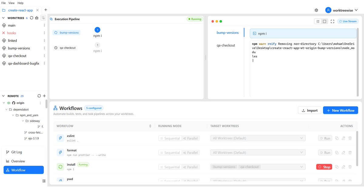 WorktreeWise_'s tweet photo. Run custom workflow commands and watch live step-by-step logs directly inside WorktreeWise. Automate npm, docker, or database seed steps.
https://t.co/HtPpOwpC47
#DevOps #Automation #FullStack https://t.co/yiFDtDwzkj