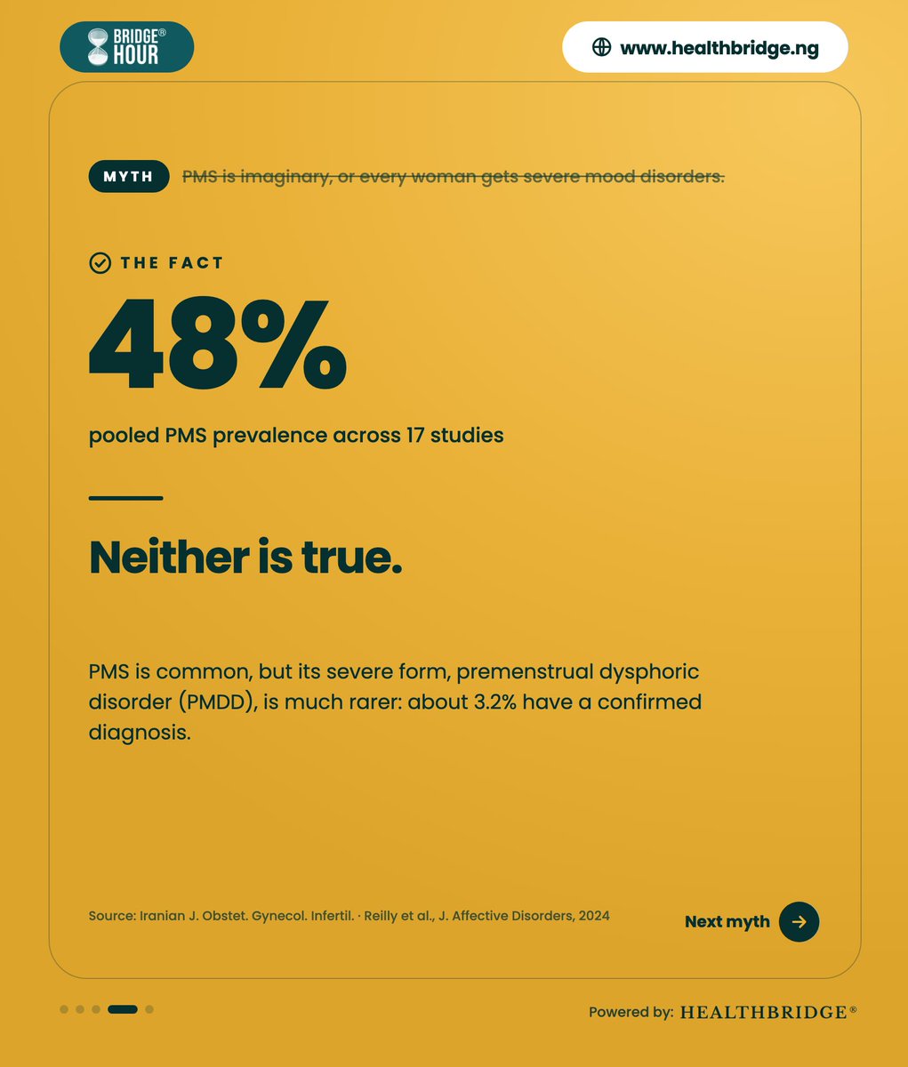 HbMedTech's tweet photo. Myth or fact? 🤔 Swipe, guess, and drop your score in the comments 👇

Join us for another Bridge Hour episode to learn more.
🗓️ 24th October, 2026 · 🕓 4PM (WAT) · 📍 Google Meet
🔗 https://t.co/fQDxd9sp0f

#BridgeHour #PeriodPain #MenstrualHealth #MythOrFact https://t.co/Datlog5XdR