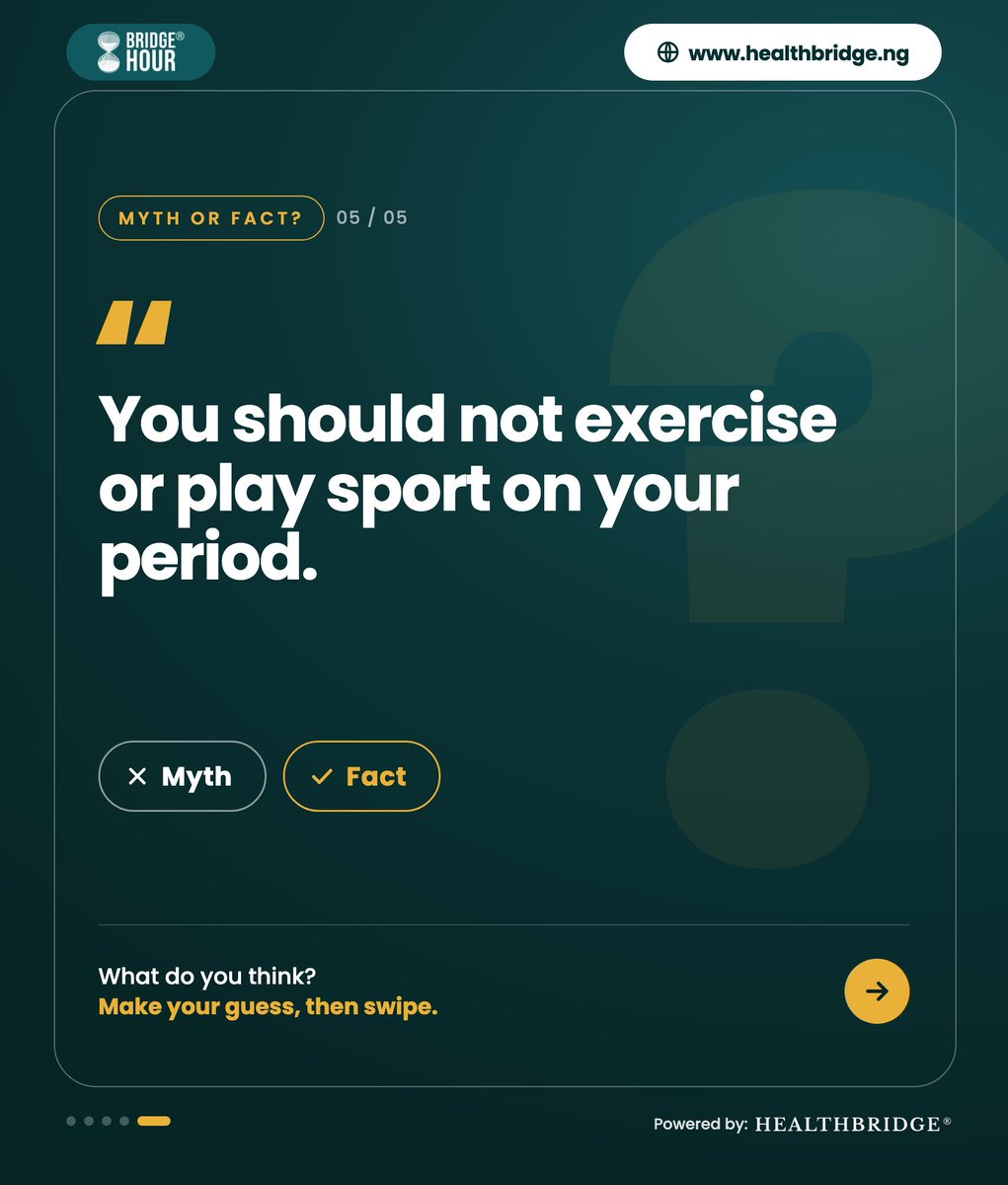 HbMedTech's tweet photo. Myth or fact? 🤔 Swipe, guess, and drop your score in the comments 👇

Join us for another Bridge Hour episode to learn more.
🗓️ 24th October, 2026 · 🕓 4PM (WAT) · 📍 Google Meet
🔗 https://t.co/fQDxd9sp0f

#BridgeHour #PeriodPain #MenstrualHealth #MythOrFact https://t.co/Datlog5XdR