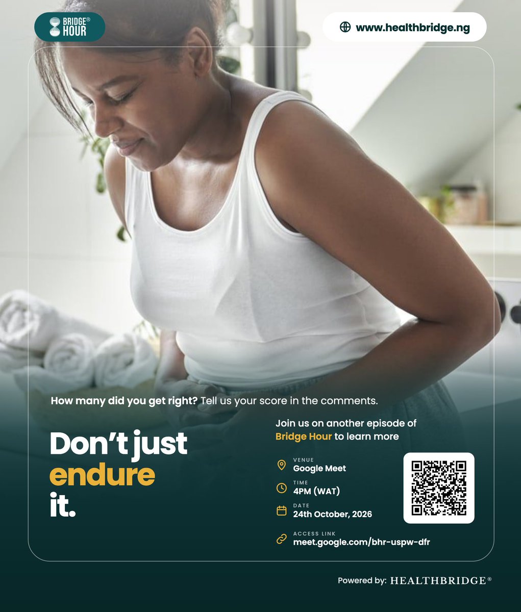 HbMedTech's tweet photo. Myth or fact? 🤔 Swipe, guess, and drop your score in the comments 👇

Join us for another Bridge Hour episode to learn more.
🗓️ 24th October, 2026 · 🕓 4PM (WAT) · 📍 Google Meet
🔗 https://t.co/fQDxd9sp0f

#BridgeHour #PeriodPain #MenstrualHealth #MythOrFact https://t.co/Datlog5XdR
