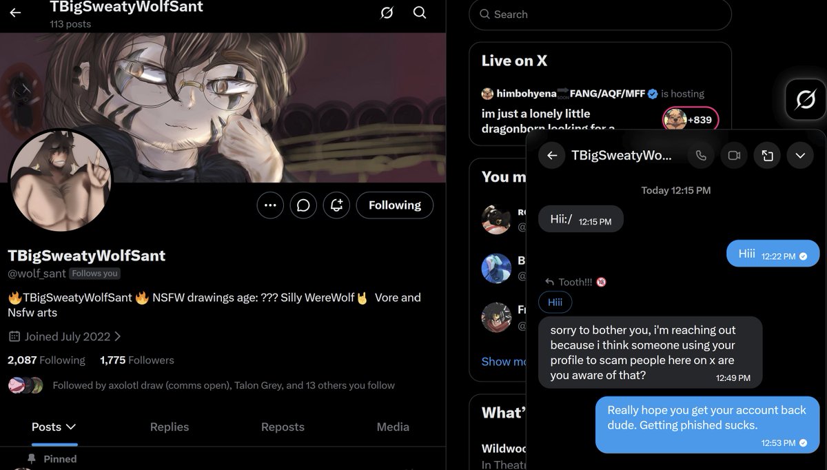 Tooth_Baron's tweet photo. It always sucks to see a moot get their account compromised...
@wolf_sant hope you can get it sorted out fast. If anyone knows them on other socials, be sure to let them know. https://t.co/dmDvd2zQ71