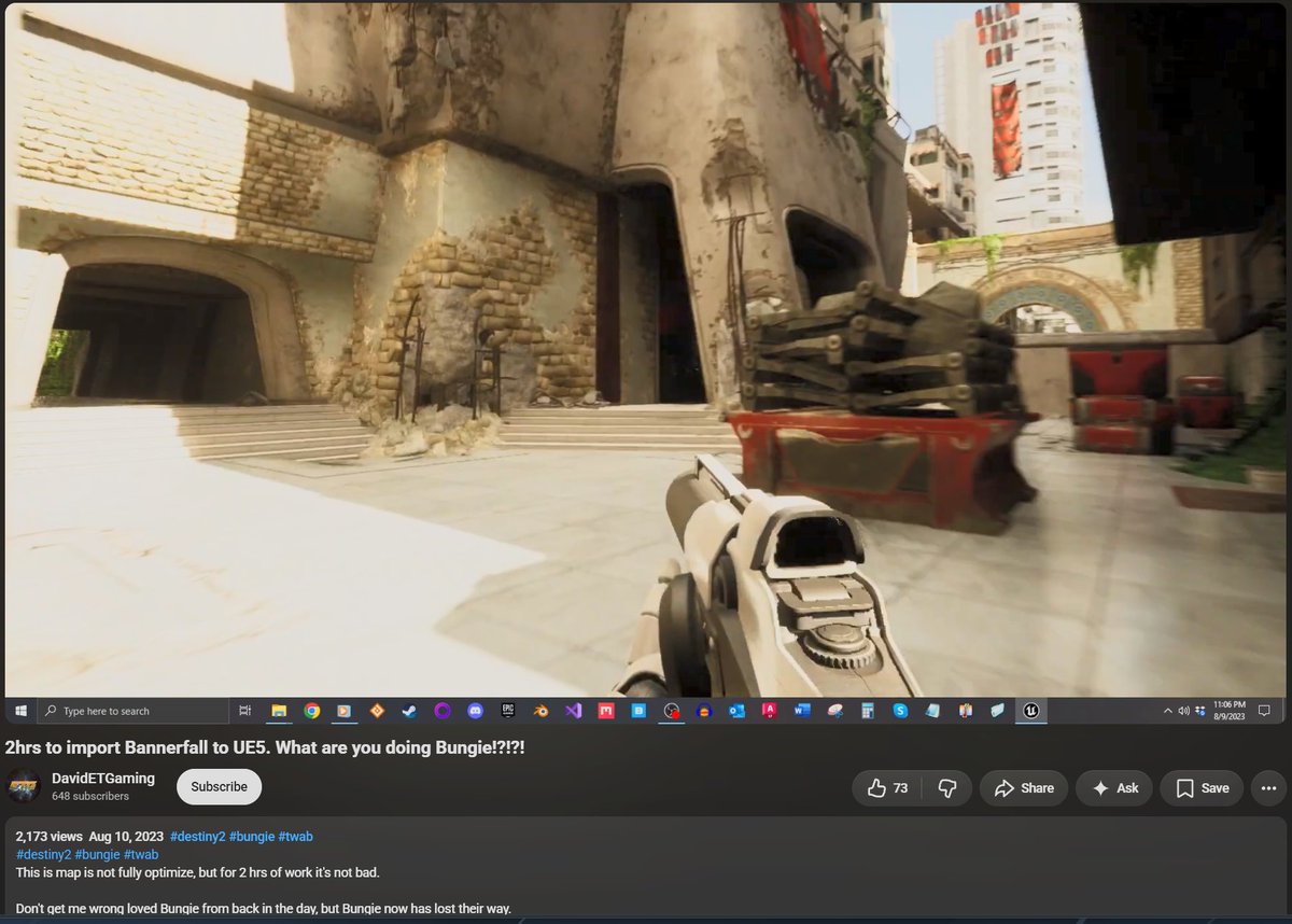 NuCaloric's tweet photo. My favorite genre of video is searching "Destiny unreal engine" and watching dads gloat about doing a basic map import and then all the comments are like "Bungie... Hire this man!" https://t.co/vnCaqIH6m6