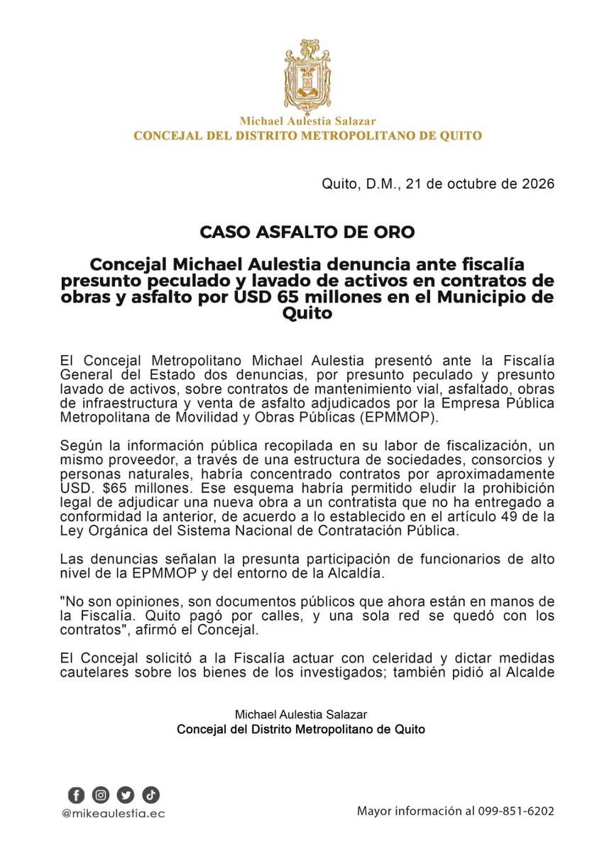 notimundoec's tweet photo. 🔴 #AHORA | El concejal Michael Aulestia presentó dos denuncias ante la Fiscalía, por presunto peculado y lavado de activos en contratos adjudicados por la Epmmop. ⤵️ https://t.co/3Lhm53oHu5