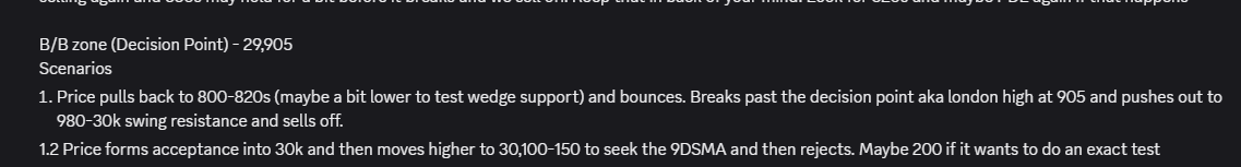 Trading_Boxes's tweet photo. Since yesterday's @NTLiveMedia stream, I have talked how as long as yesterday's morning low (4hr swing low) held, we can continue higher towards the 30,050-100 area to SEEK a daily 9DSMA LH. We have done exactly that! Here is a screenshot of this morning's #NQ_F scenario 1 and 1.2, with the 905 servign as this morning's b/b zone. 

What took place today? We broke out of the morning range, BACKTESTED PDH/905 b/b zone and then pushed out to that 30,100 target! 

We caught a great long from there and called it a day. 

If you need a second set of eyes to help plan out the day and trade along side the trend, send a DM and I can share info on the discord. We apply this process on a daily basis.